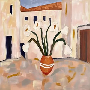 Pot en terre cuite aux fleurs blanches