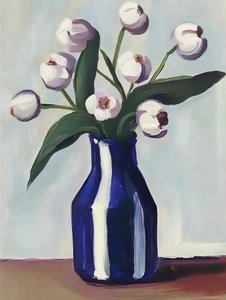Fleurs blanches, vase bleu