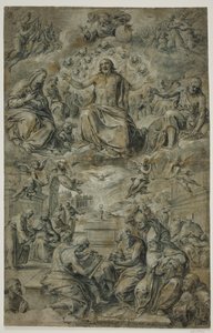 Dispute du Saint-Sacrement avec la Trinité planant dans le ciel - Avanzino Nucci