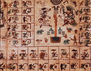 Représentation de divinités aztèques et cases correspondant au calendrier. Page du manuscrit aztèque sur écorce « Codex Borbonicus », codex indigène précolombien du centre du Mexique, fin du XVe siècle. Bibliothèque de l