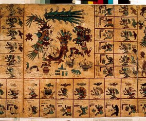 Représentation de divinités aztèques et cases correspondant au calendrier. Page du manuscrit aztèque sur écorce "Codex Borbonicus", codex indigène précolombien du centre du Mexique, fin du 15e siècle. Bibliothèque de l