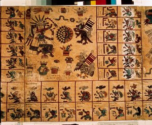 Représentation de divinités aztèques et cases correspondant au calendrier. Page du manuscrit aztèque sur écorce « Codex Borbonicus », codex indigène précolombien du centre du Mexique, fin du XVe siècle. Bibliothèque de l