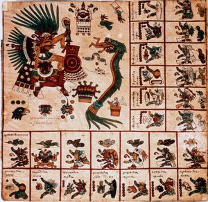 Représentation de Quetzalcoatl et Tezcatlipoca, divinités aztèques et cases correspondant au calendrier. Page du manuscrit aztèque sur écorce "Codex Borbonicus", codex indigène précolombien du centre du Mexique, fin du 15e siècle. Bibliothèque de l