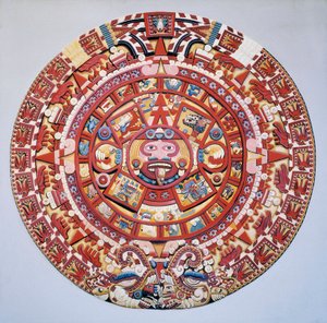 Civilisation précolombienne : le calendrier aztèque (Pierre du Soleil) : disque représentant le calendrier aztèque et la cosmogonie (Tonalpohualli)