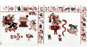 Le dieu aztèque Cihuacohuatl représenté dans un manuscrit hiéroglyphique, pictogrammes