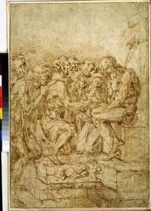 Le Christ avec les symboles de la Passion entouré de sept personnages, dessin à l
