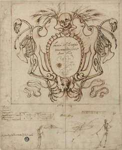 Cartouche funéraire avec inscription et croquis de squelettes et détails ornementaux