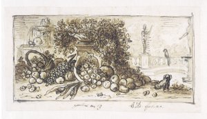 Nature morte dans un parc avec une fontaine, un chien et un perroquet - Baldassare Farina