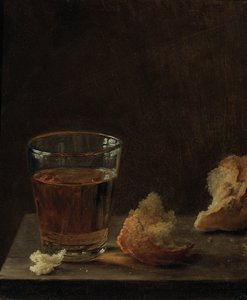 Un verre de bière et un petit pain sur une table - Balthasar Denner