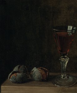 Un verre de vin avec des noix sur une table - Balthasar Denner