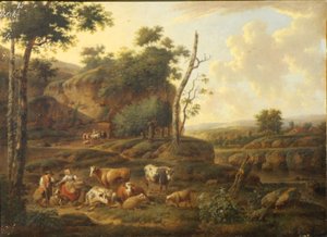 Paysage avec figures et animaux.