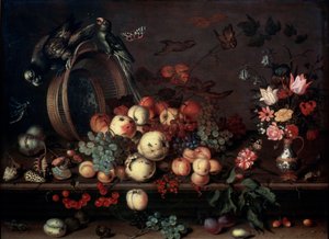 Nature morte avec fruits, fleurs et perroquets