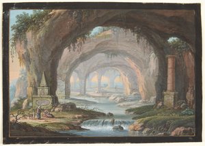 Paysage avec grottes percées, monuments funéraires, une rivière et des figures - Barbara Dietzsch