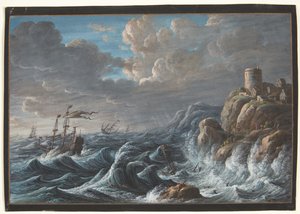 Marine avec une côte rocheuse et des navires en détresse
