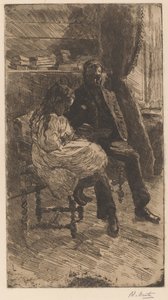 Intérieur avec un homme et une fille lisant un livre ensemble - Barbara Elisabeth van Houten (signed by artist)