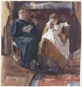 Dame lisant et fille brodant, vues de face, dans la maison de la rue Riouw 6, à La Haye