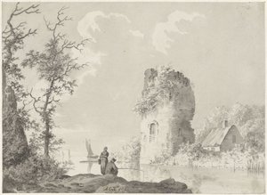 Paysage fluvial avec tour et pêcheur