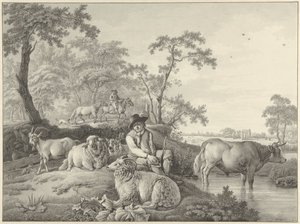 Berger avec moutons, une chèvre et un jeune taureau dans un paysage - Barend Hendrik Thier