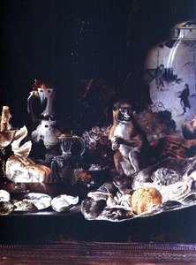 Nature morte exotique avec singe et porcelaine chinoise