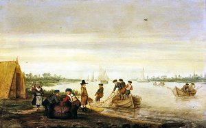 Scène fluviale avec des pêcheurs tirant des filets
