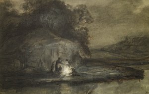 Paysage nocturne avec une rivière et des bergers