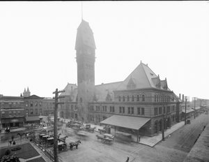 Gare de Dearborn, Chicago, Illinois, USA, vers 1883 (photo n/b)