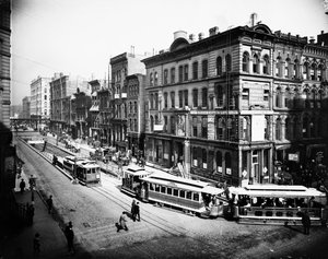 Tramways sortant du tunnel de LaSalle Street, Chicago, Illinois, USA, vers 1905 (photo n/b) - Barnes and Crosby