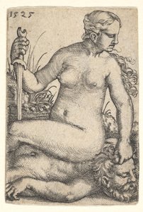 Judith, regardant vers la droite, nue assise sur le corps mort d