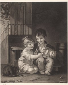 Deux enfants avec des lapins (Mange mon petit, mange) - Barthélémy Joseph Fulcran Roger