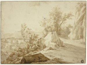 Rochers et chemin de montagne, figures et ville en bas - Bartholomeus Breenbergh