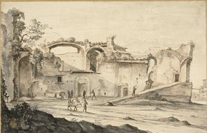 Voyageurs devant une ruine