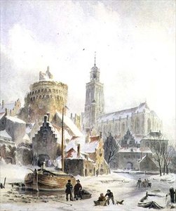 Enfants jouant sur une rivière gelée, cathédrale de Deventer au-delà - Bartholomeus Johannes van Hove