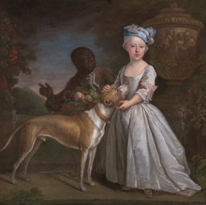 Une jeune fille avec un serviteur esclave et un chien