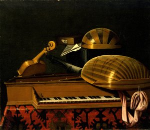 Nature morte avec instruments de musique et livres, milieu du 17e siècle