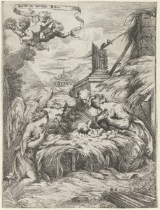 Adoration par Marie, Joseph et les anges