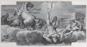 Planche 34 : Auriga, le cocher, tombe du char au centre, avec trois chevaux à l..., 1756. Créateurs : Bartolomeo Crivellari, Gabriel Söderling
