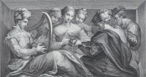 Un groupe de personnes élégamment vêtues jouant de la harpe et de la guitare - Bartolomeo Crivellari