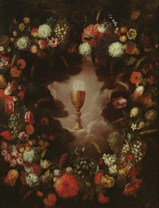 Calice entouré de fleurs et de fruits