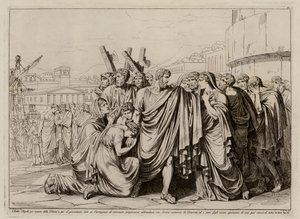 Atilius Regulus se préparant à quitter Rome pour retourner en captivité à Carthage (gravure)