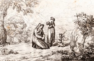 Femme ciociara priant devant la croix où son mari a été tué, gravure par Bartolomeo Pinelli
