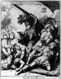 Orlando jetant une planche en bois contre vingt hommes armés, illustration de Bartolomeo Pinelli (1781-1835) pour le chant XIII de l