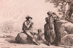 Deux roturiers avec un bébé et un chien à Fraine, Abruzzes, gravure par Bartolomeo Pinelli