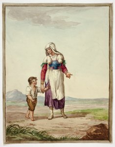 Femme en costume autochtone avec un garçon sur la route