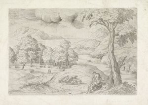 Paysage panoramique avec ruines, une ville et des voyageurs