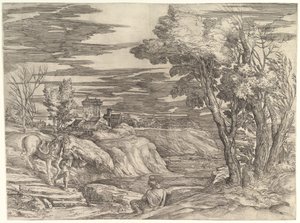 Paysage avec un cavalier et son palefrenier - Battista Franco Veneziano