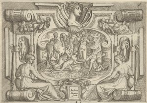 Un homme et une femme offrant un plateau de pièces à un roi assis sur un trône, vers 1540-80 - Battista del Moro
