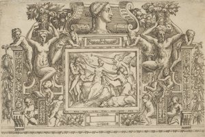 Femme assise avec les bras étendus, personnification de la Renommée avec une trompette à droite...