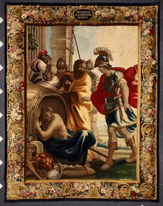 Diogène et Alexandre : rencontre entre le philosophe grec Diogène de Sinope (413-327 av. J.-C.) dans son tonneau et le roi Alexandre le Grand (356-323 av. J.-C.) à Corinthe. Lorsque le conquérant lui demanda ce qu
