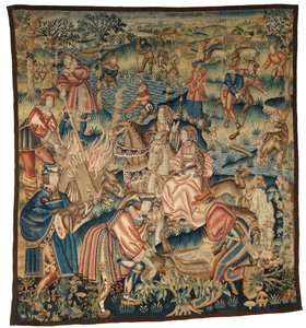 Tapisserie représentant des scènes après une chasse au sanglier, pêche, etc. ou 