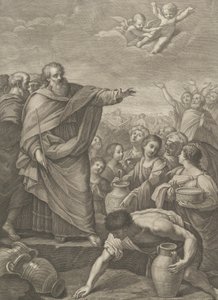 Moïse à gauche avec les Israélites qui ramassent la manne tombée du ciel, deux anges au-dessus - Benedetto Eredi